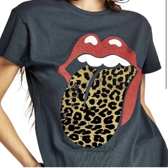 Daydreamer x Free People Black Rolling Stones Flocked Leopard Tongue Tour Tee - Picture 2 of 6